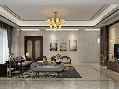3d新中式客厅背景沙发模型
