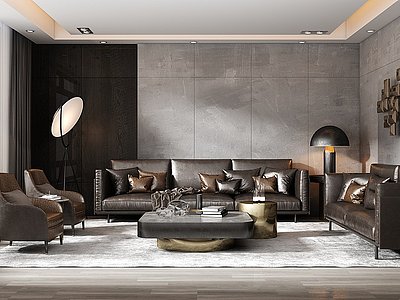 现代港式客厅皮革沙发茶几模型3d模型