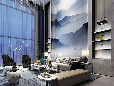 3d中式新中式别墅客厅模型