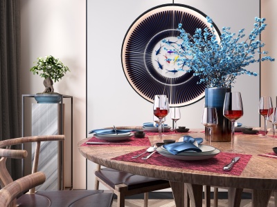 3d新中式餐桌单椅花瓶模型