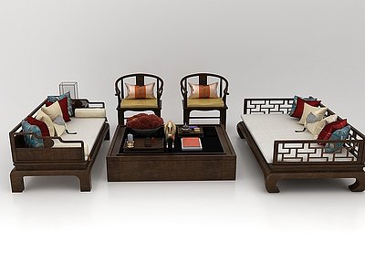 中式沙发茶几组合模型