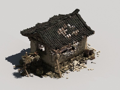 3d中式古建破房子瓦片稻草模型