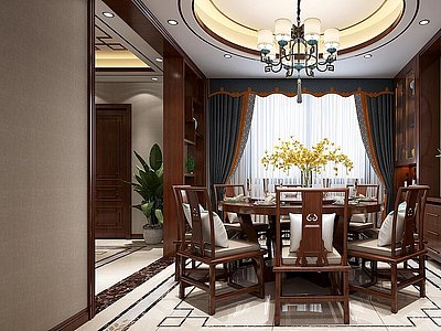 3d中式古典别墅客厅餐厅模型
