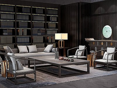 新中式沙发茶几书柜模型3d模型