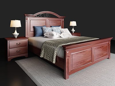 3d美式实木双人床模型