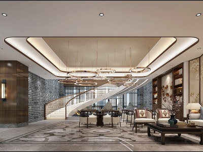 3d新中式酒店大堂模型
