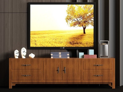 3d新中式实木电视柜饰品模型