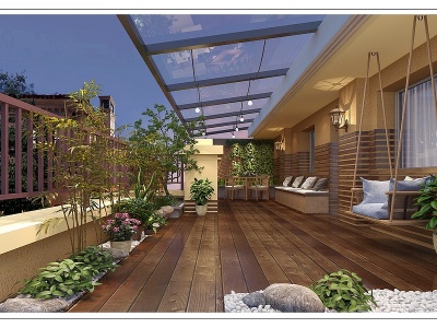 3d新中式别墅阳台花园模型
