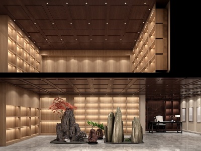 3d新中式雕塑展厅展柜模型
