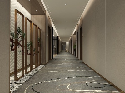 3d新中式会所走廊端景景观模型