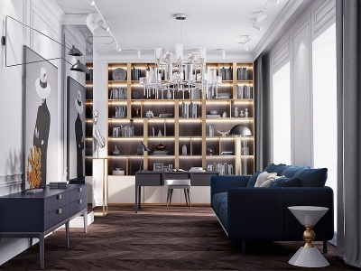 3d现代轻奢客厅书房模型