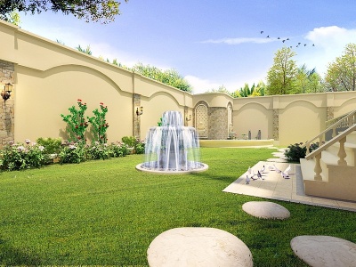 3d现代庭院景观别墅喷泉模型