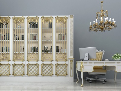 欧式奢华书柜书桌椅组合模型3d模型