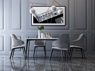 3d现代轻奢餐桌椅吊灯挂画模型