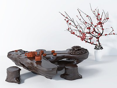 新中式茶桌绿植干支组合模型3d模型