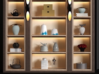 3d新中式实木装饰书柜模型