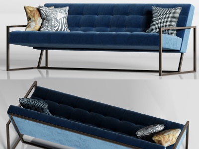 3d现代简约蓝色布艺多人沙发模型