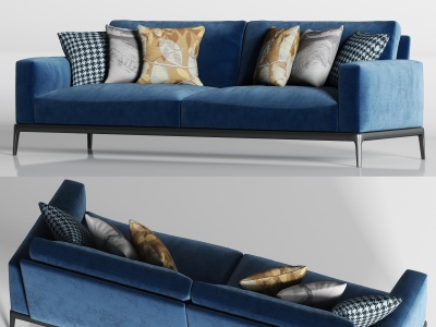 3d现代蓝色绒布双人沙发枕头模型
