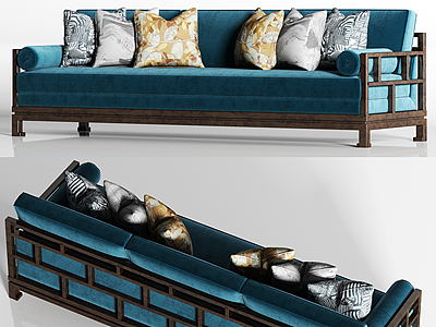 3d新中式蓝色绒布多人沙发模型