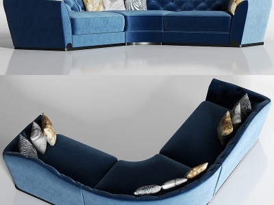 3d欧式蓝绒弧形多人沙发枕头模型