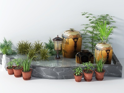 3d现代园林小景绿植盆栽水池模型