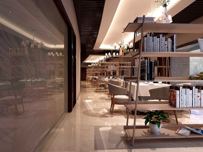 3d现代咖啡厅大厅过道书吧区模型