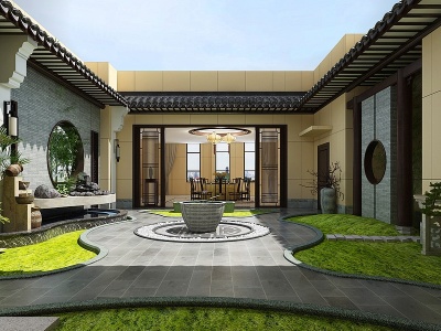 3d中式景观庭院屋檐水景植物模型
