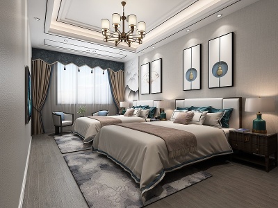 3d新中式卧室双人床时尚画模型