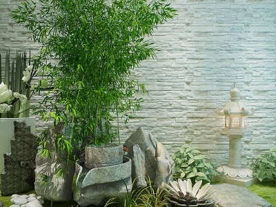 3d中式小景观假山竹子庭院模型