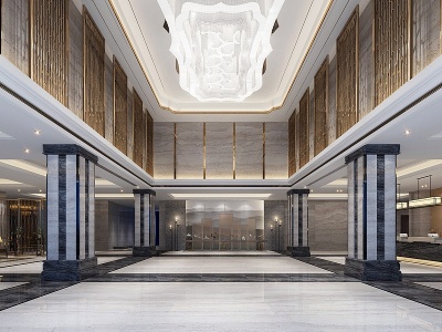 3d新中式酒店大厅休息区前台模型