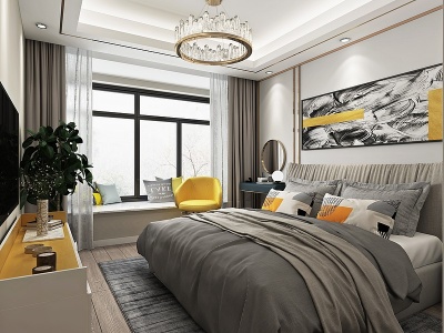 3d现代主卧室双人床吊灯模型
