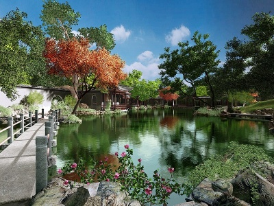 C4D中式苏州园林景观小桥亭子模型