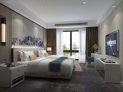 3d新中式酒店客房标间模型