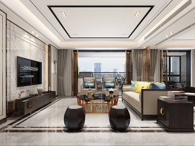 3d新中式大平层客厅模型