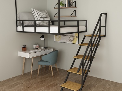 3d北欧楼梯床组合模型