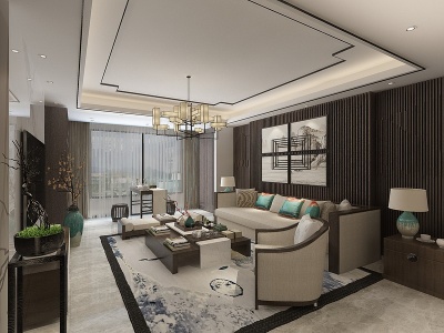 3d新中式客厅沙发灯具背景墙模型