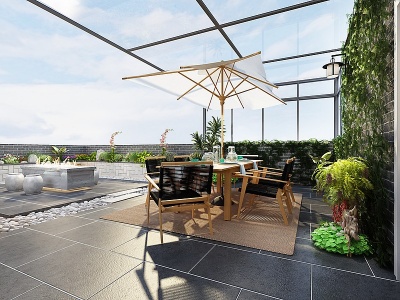 3d新中式顶楼花园阳台模型