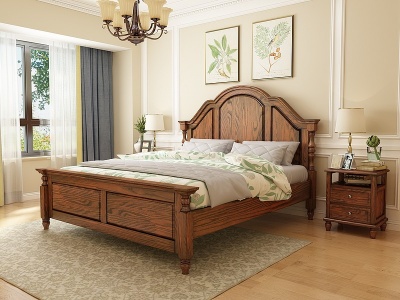 3d美式实木床美式卧室模型