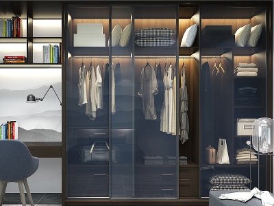 3d现代卧室衣柜书柜组合模型