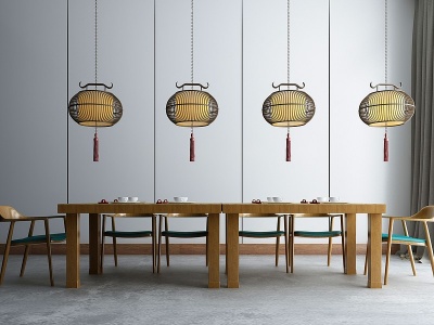 3d新中式实木餐桌竹编吊灯模型