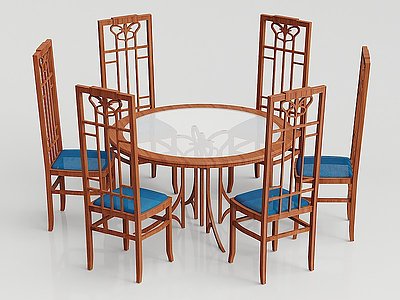 新中式实木餐桌椅组合模型3d模型