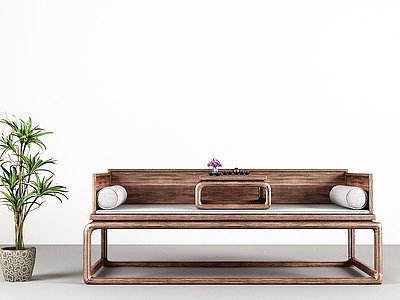3d新中式双人沙发案几绿植模型