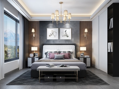 3d现代主卧室床吊灯窗帘衣柜模型