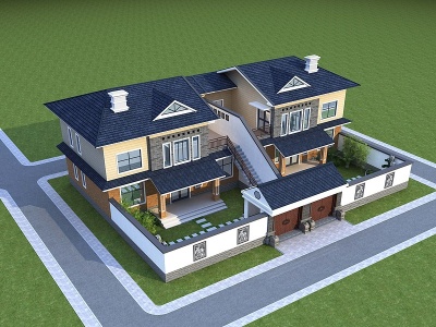 3d新中式别墅联排模型