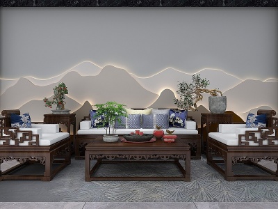 中式实木沙发茶几摆件组合模型3d模型