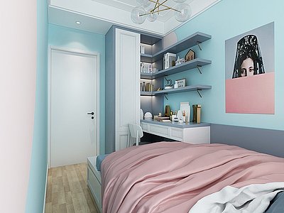 3d北欧公寓空间马卡龙色卧室模型