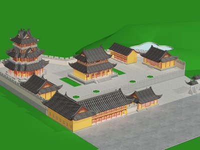 3d现代古建筑寺庙牌楼塔楼模型