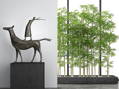 3d现代马雕塑绿植小品模型