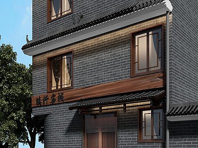 3d新中式青砖门头外观落叶树模型