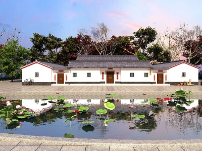3d中式荷花池塘农村房屋模型